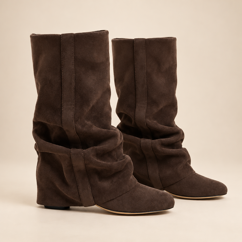 Brown Knee High Boots Slouchy with Hidden Heel in Faux Leather 0