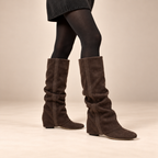 Brown Knee High Boots Slouchy with Hidden Heel in Faux Leather 1