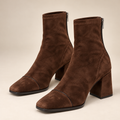 Brown Suede Ankle Boots Square Toe Block Heel with Back Zip 0
