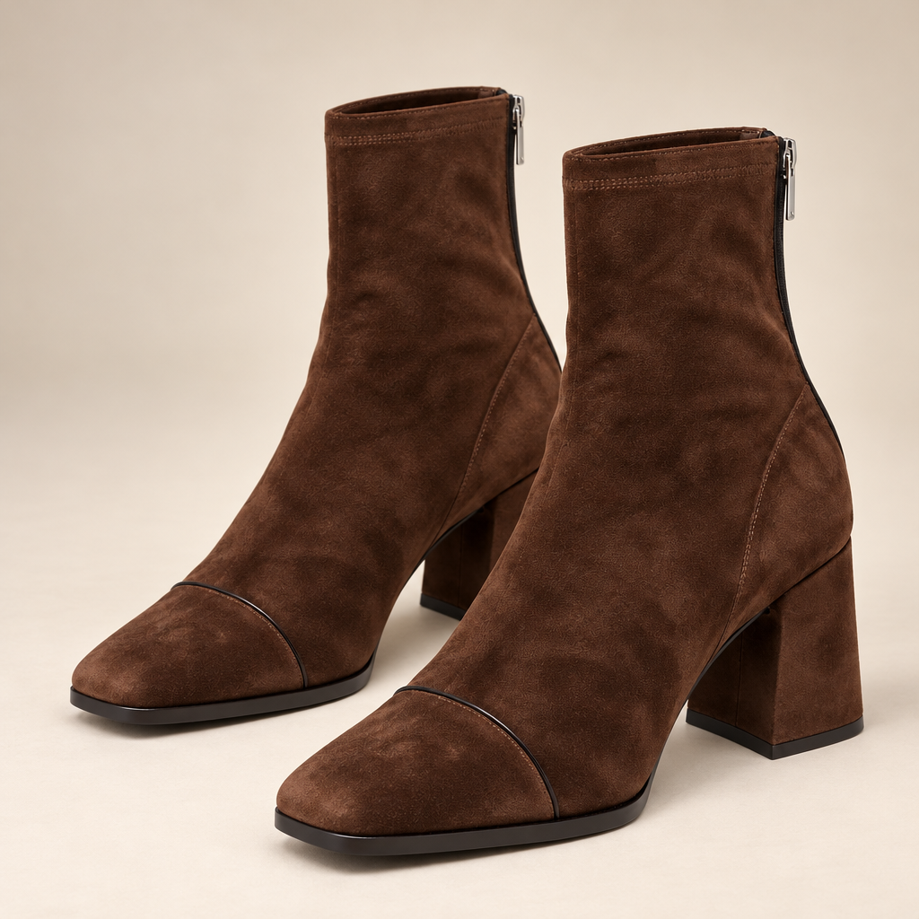 Brown Suede Ankle Boots Square Toe Block Heel with Back Zip 0