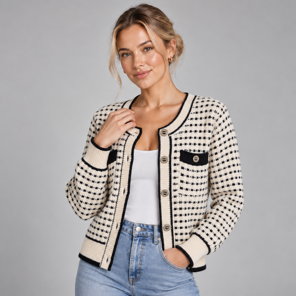 Button Up Cardigan Crew Neck Contrast Trim Gold Buttons 0