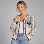 Button Up Cardigan Crew Neck Contrast Trim Gold Buttons 0