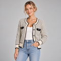 Button Up Cardigan Crew Neck Contrast Trim Gold Buttons 1