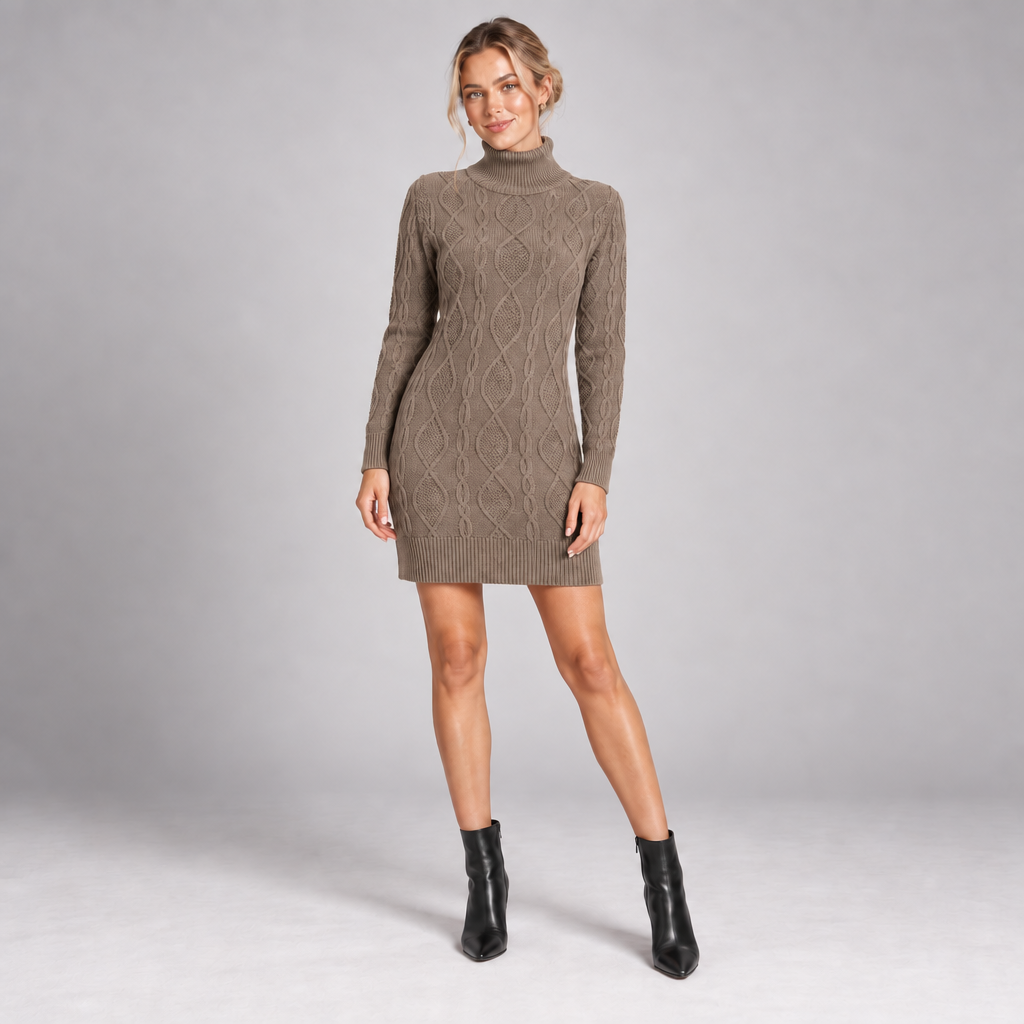 Cable Knit Jumper Mini Dress Women High Neck Long Sleeve 3