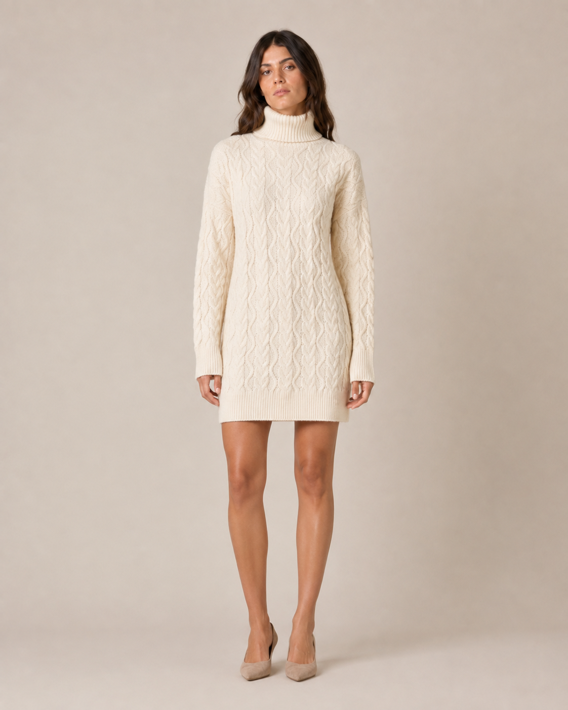 Cable Knit Long Sleeve Mini Dress with High Neck 0