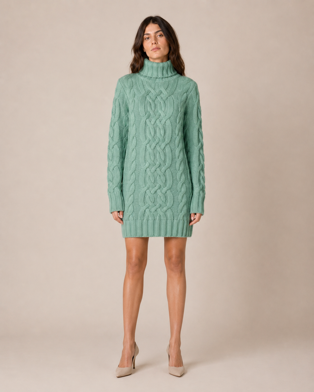 Cable Knit Long Sleeve Mini Dress with High Neck 10