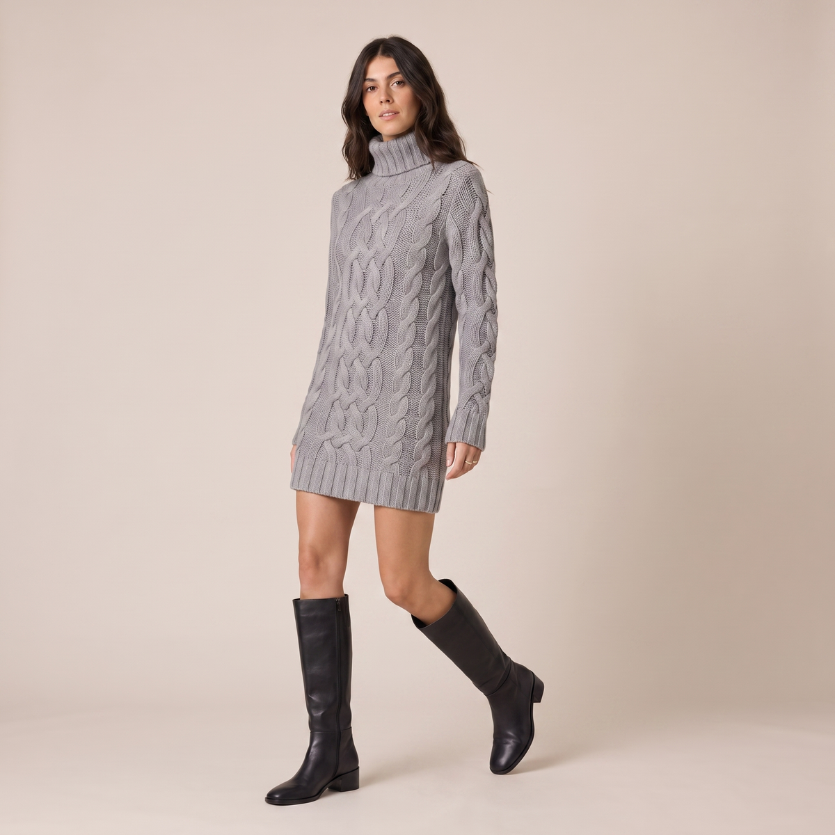 Cable Knit Long Sleeve Mini Dress with High Neck 2