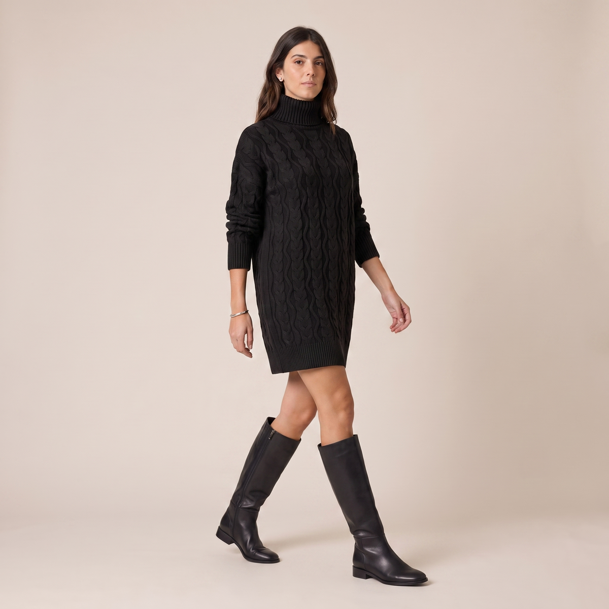 Cable Knit Long Sleeve Mini Dress with High Neck 3