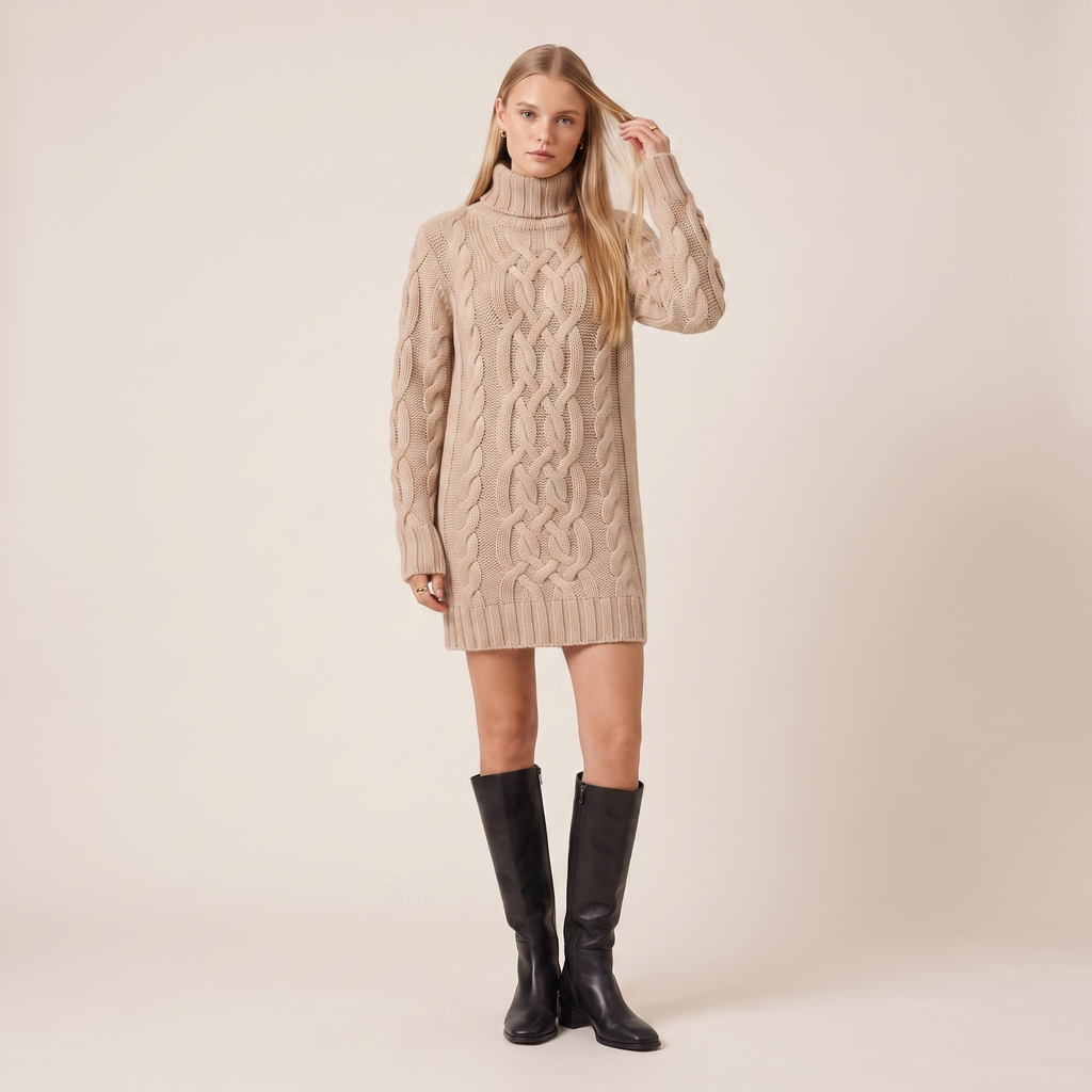 Cable Knit Long Sleeve Mini Dress with High Neck 4