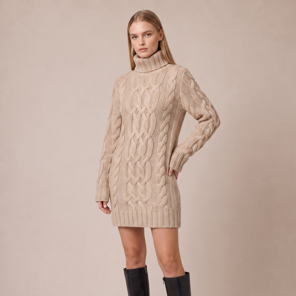 Cable Knit Long Sleeve Mini Dress with High Neck 5
