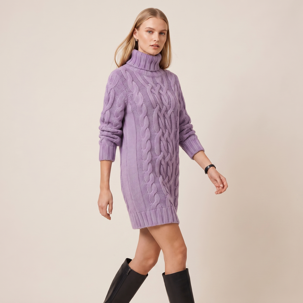 Cable Knit Long Sleeve Mini Dress with High Neck 6