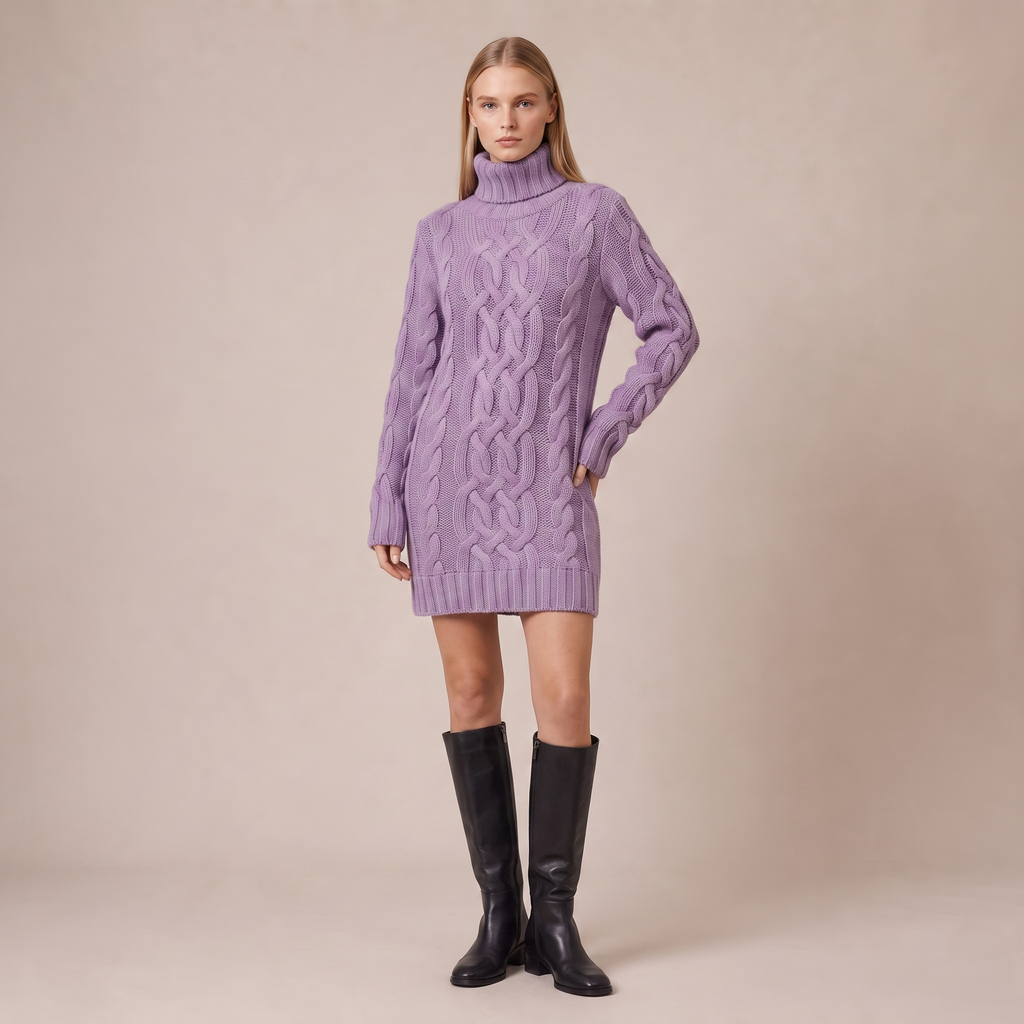 Cable Knit Long Sleeve Mini Dress with High Neck 7