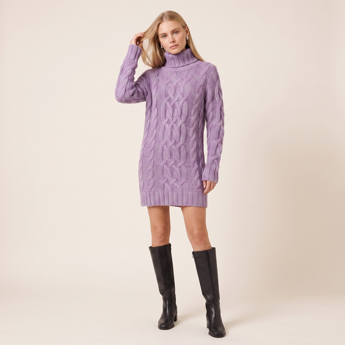 Cable Knit Long Sleeve Mini Dress with High Neck 8
