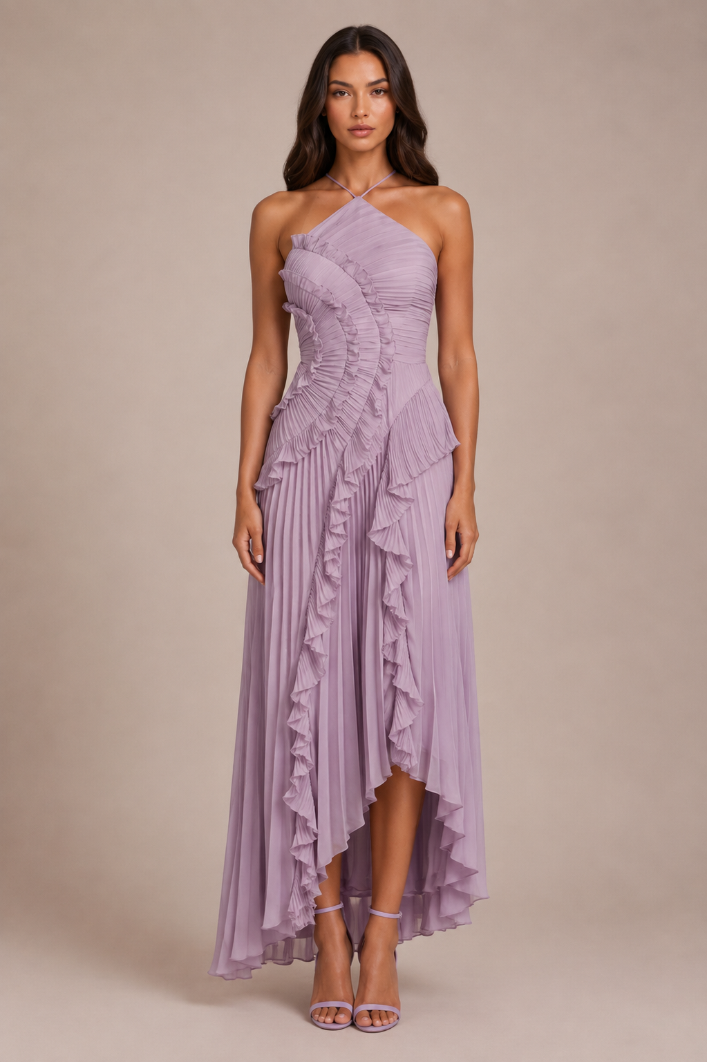 Pleated Ruffle Halter Maxi Dress with High-Low Hem for Wedding Guest