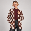Checkerboard Knit Cardigan Open Front Relaxed Fit 0