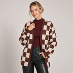 Checkerboard Knit Cardigan Open Front Relaxed Fit 1