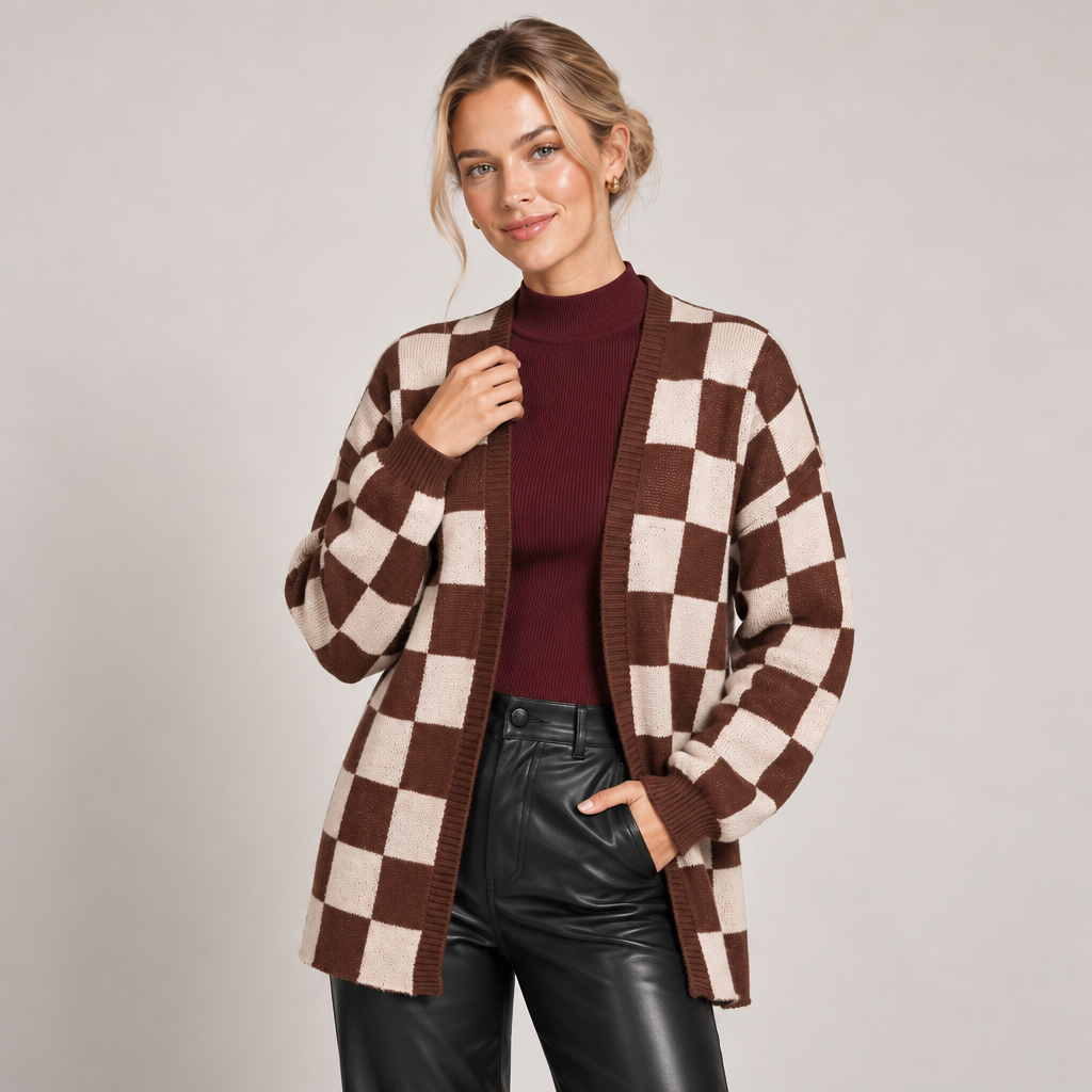 Checkerboard Knit Cardigan Open Front Relaxed Fit 1