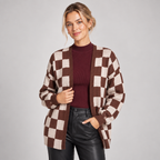 Checkerboard Knit Cardigan Open Front Relaxed Fit 2