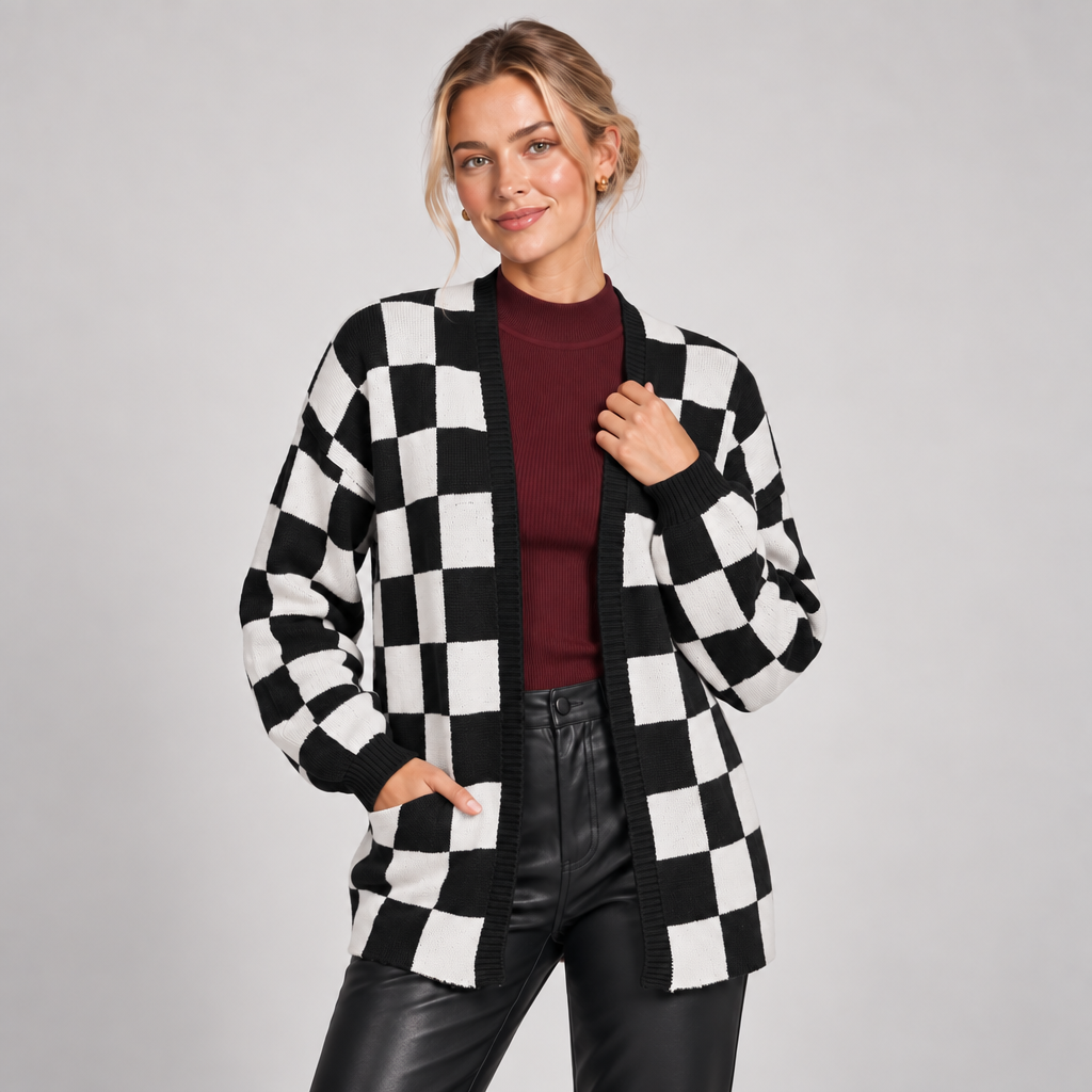 Checkerboard Knit Cardigan Open Front Relaxed Fit 3