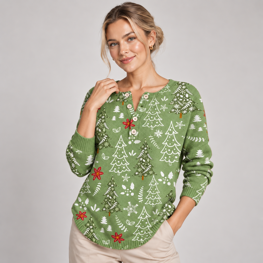 Christmas Jumper with Button Detail Relaxed Fit Crew Neck 1