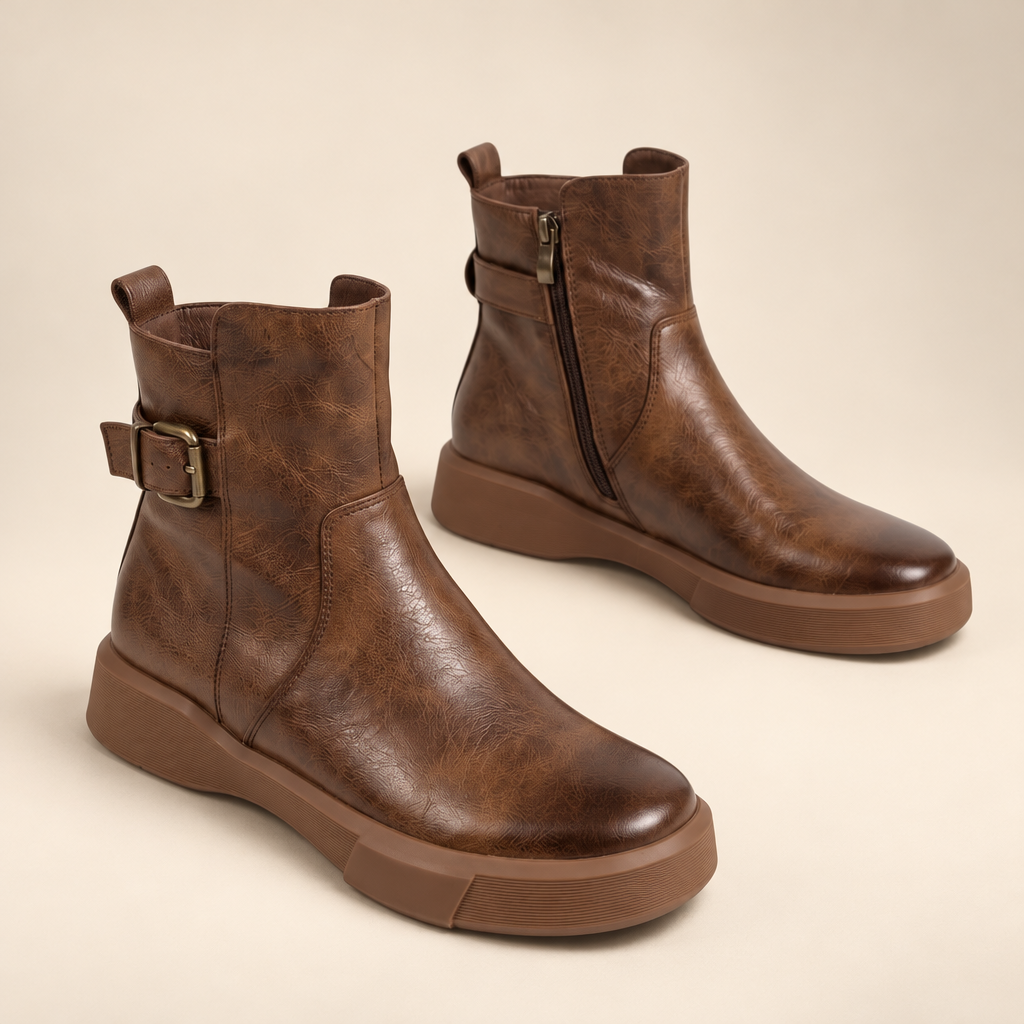 Chunky Ankle Boots in Faux Leather with Buckle and Side Zip 0