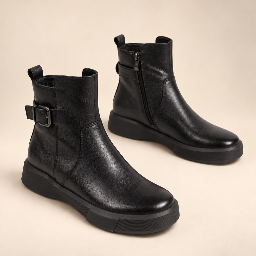 Chunky Ankle Boots in Faux Leather with Buckle and Side Zip 3