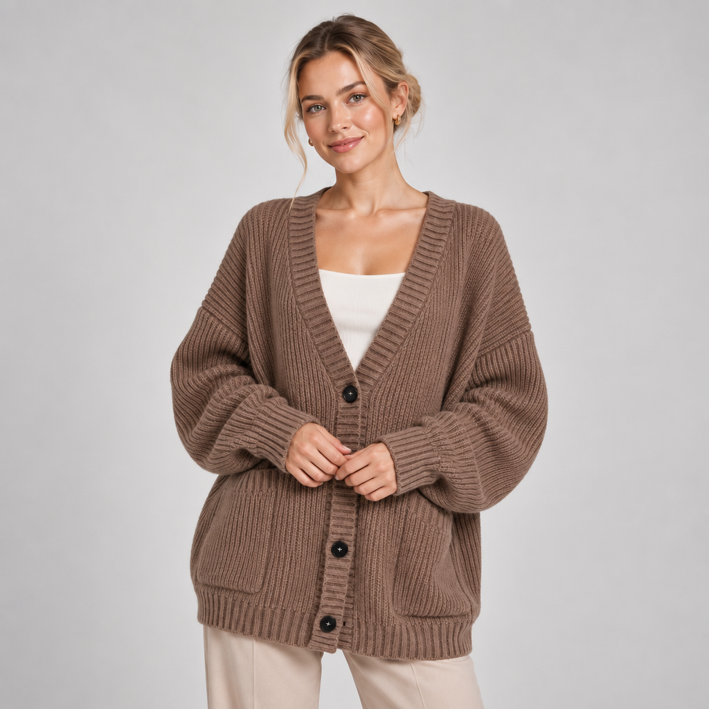 Chunky Knit Cardigan Women Oversized V Neck Button Front Pockets 1