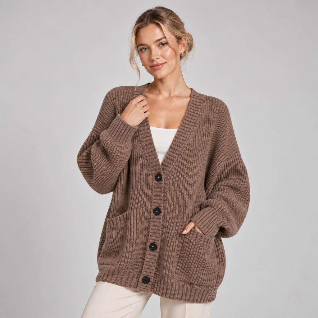 Chunky Knit Cardigan Women Oversized V Neck Button Front Pockets 2