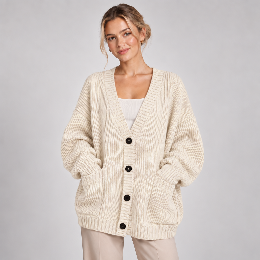 Chunky Knit Cardigan Women Oversized V Neck Button Front Pockets 3