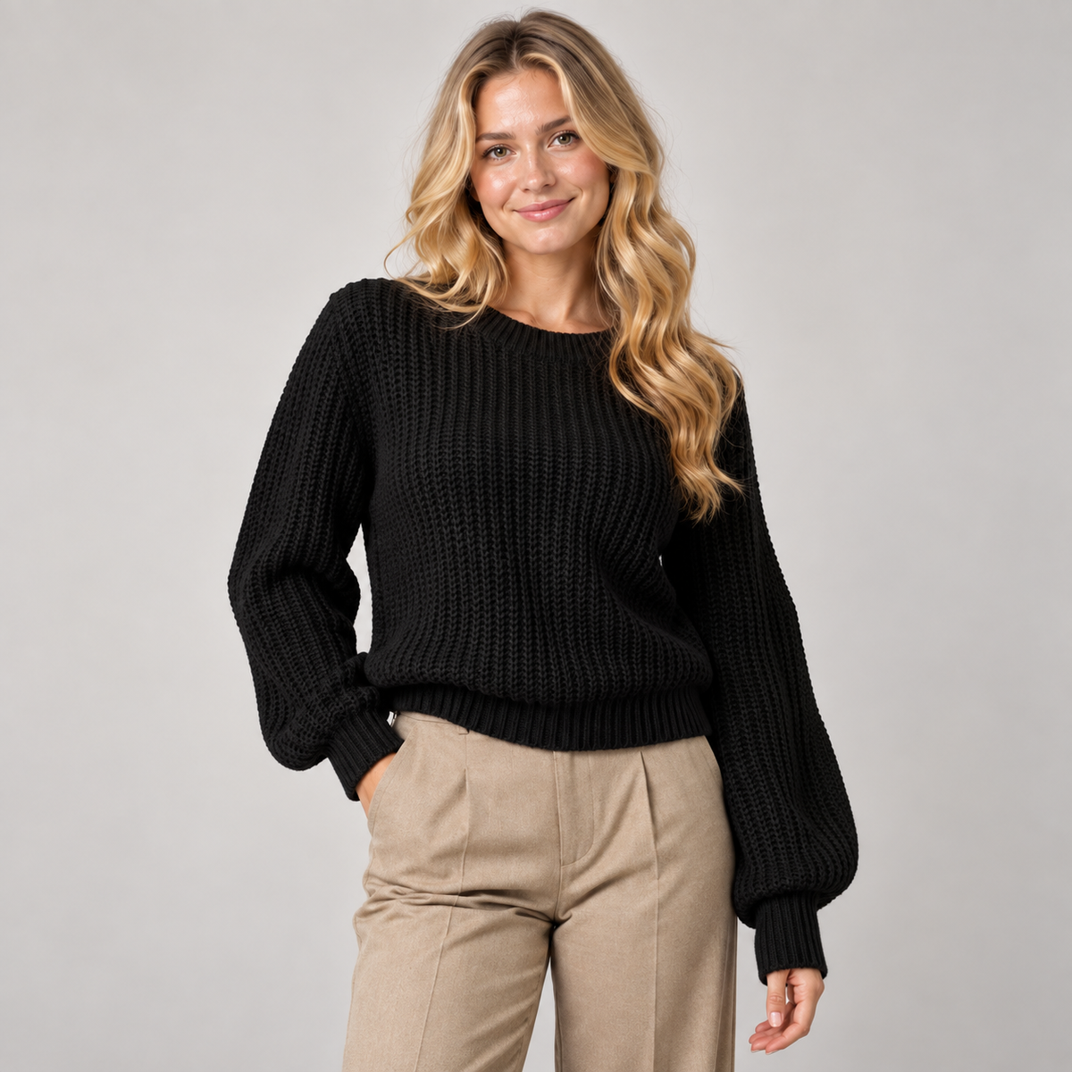 Chunky Knit Jumper Women Balloon Sleeve Crew Neck Cotton Blend 0