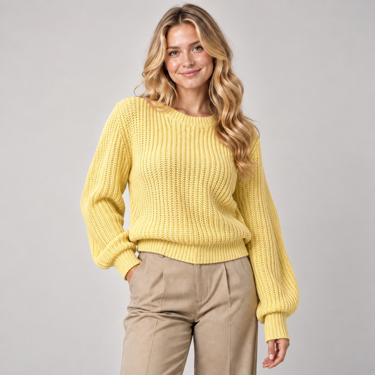 Chunky Knit Jumper Women Balloon Sleeve Crew Neck Cotton Blend 2