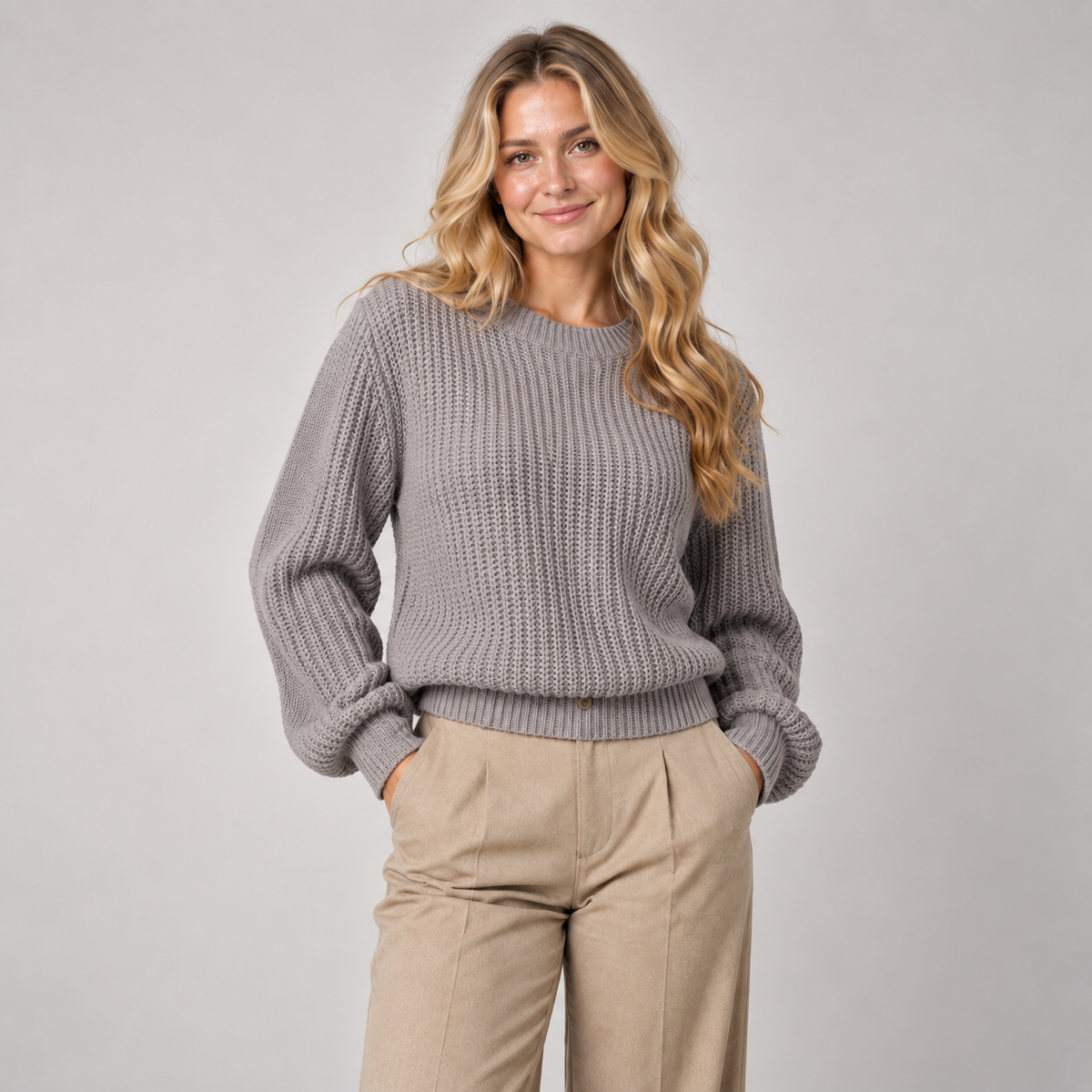Chunky Knit Jumper Women Balloon Sleeve Crew Neck Cotton Blend 5