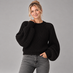 Chunky Knit Jumper Women Oversized Sleeves Crew Neck Wool Blend 0