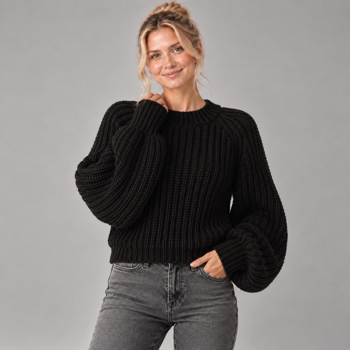 Chunky Knit Jumper Women Oversized Sleeves Crew Neck Wool Blend 0