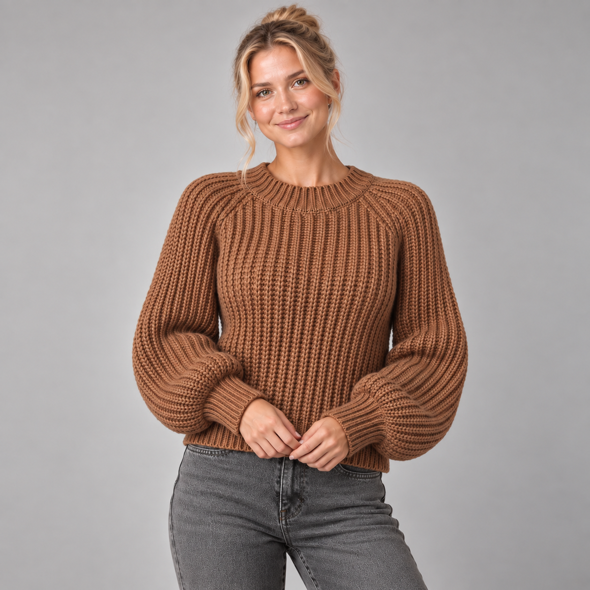 Chunky Knit Jumper Women Oversized Sleeves Crew Neck Wool Blend 2
