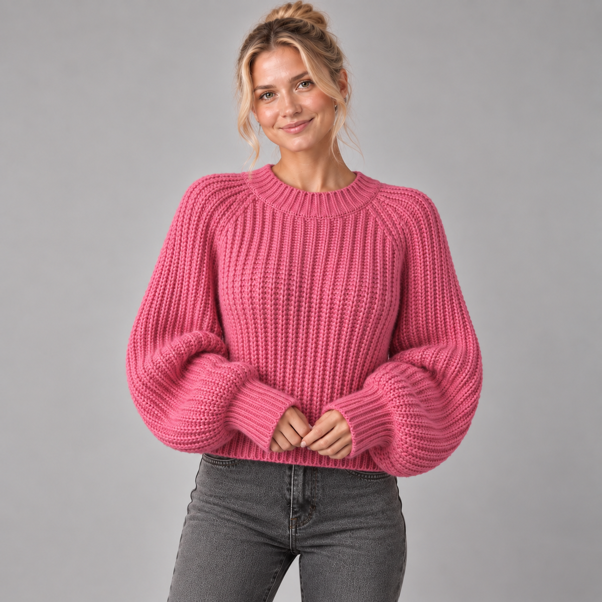 Chunky Knit Jumper Women Oversized Sleeves Crew Neck Wool Blend 4
