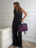 Women’s Linen Blend Two-Piece Set – Tailored Vest & Wide-Leg Trousers-Women's Two Piece Sets-Black-S-Nausin