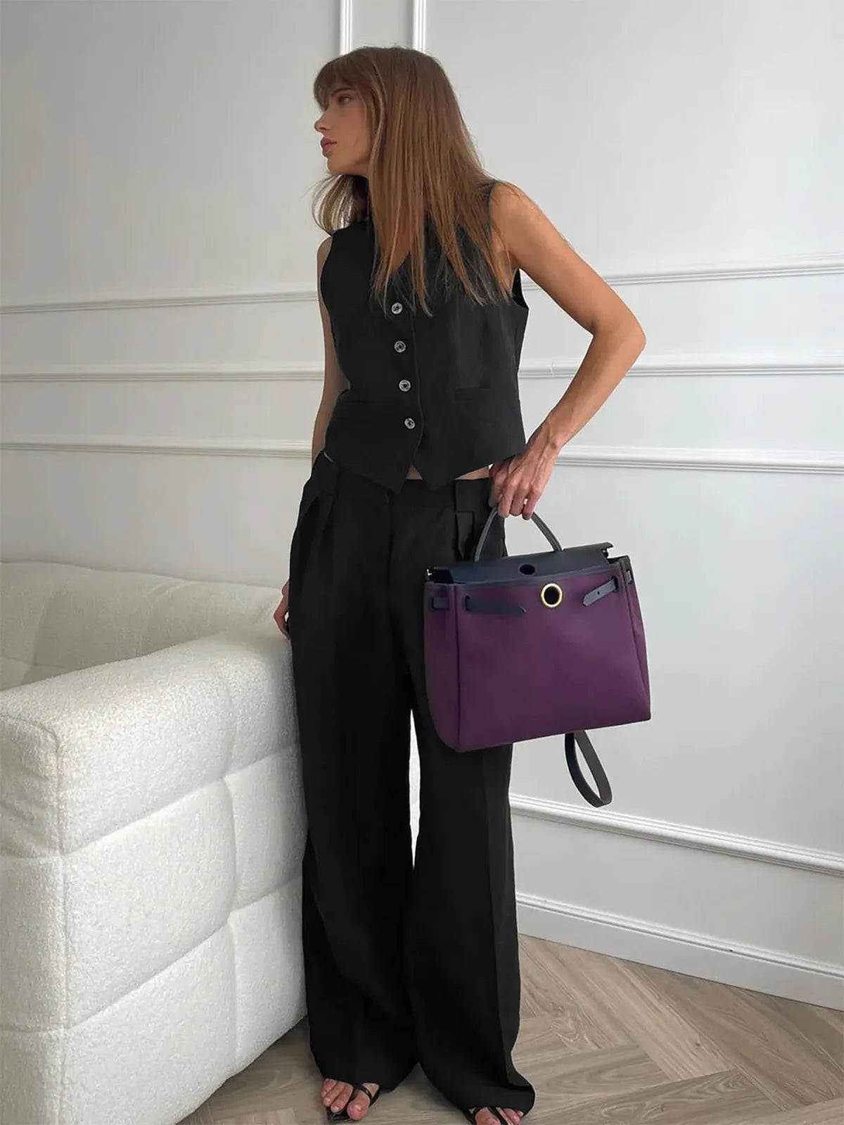Women’s Linen Blend Two-Piece Set – Tailored Vest & Wide-Leg Trousers-Women's Two Piece Sets-Black-S-Nausin