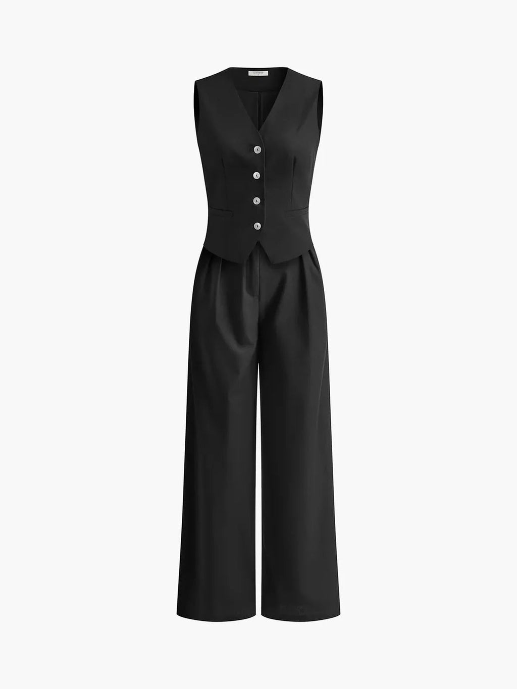 Women’s Linen Blend Two-Piece Set – Tailored Vest & Wide-Leg Trousers-Women's Two Piece Sets-Black-S-Nausin