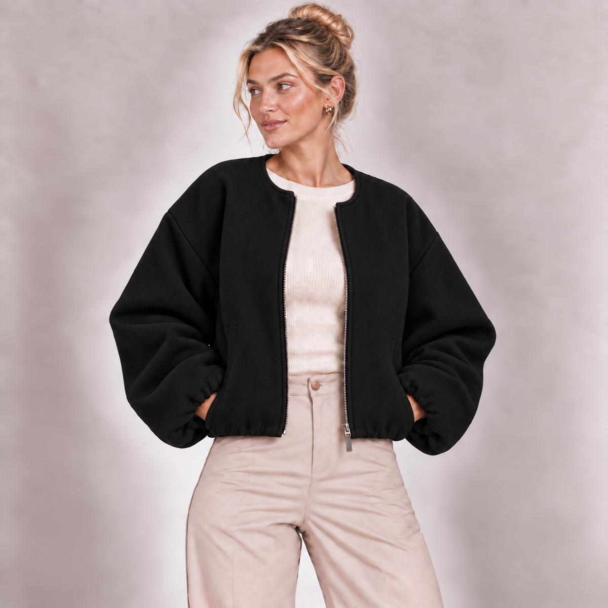 Cropped Bomber Jacket Women Zip Up Lightweight Fleece 1