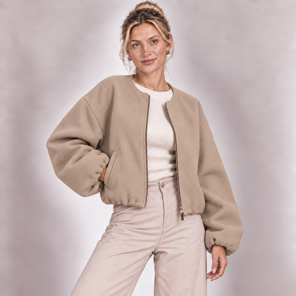 Cropped Bomber Jacket Women Zip Up Lightweight Fleece 2