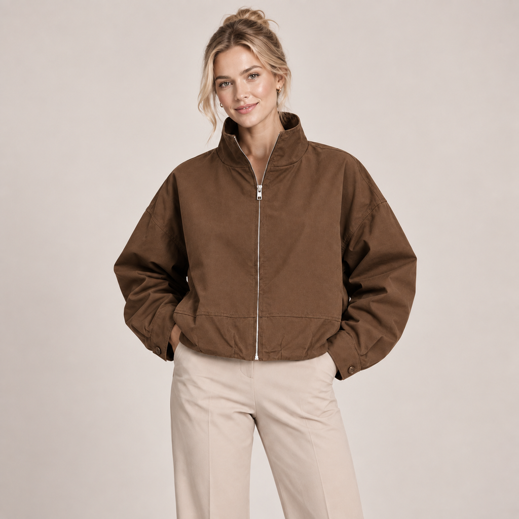 Cropped Bomber Jacket with High Neck and Oversized Fit 0