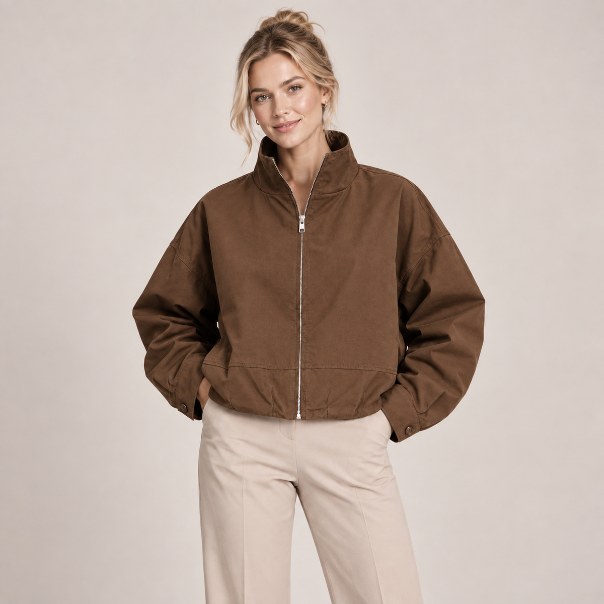 Cropped Bomber Jacket with High Neck and Oversized Fit 0