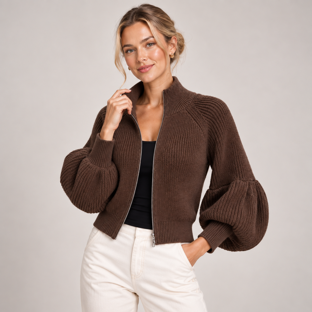Cropped Cardigan Women Puff Sleeve High Collar Textured Knit 1