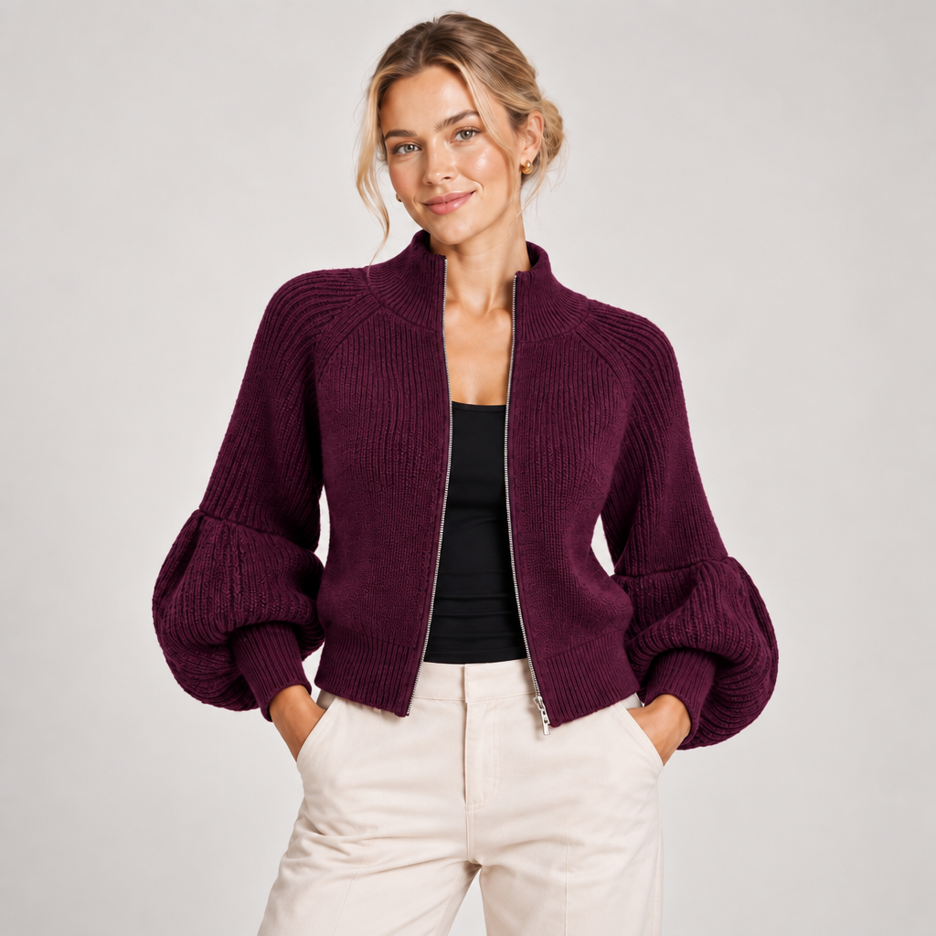 Cropped Cardigan Women Puff Sleeve High Collar Textured Knit 3