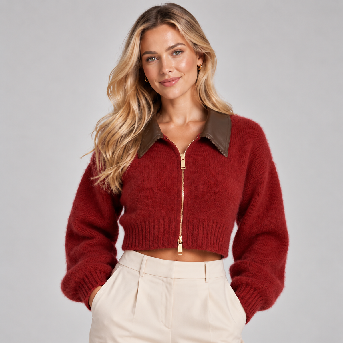 Cropped Fluffy Zip Up Jumper Women with Collar Brushed Knit 3