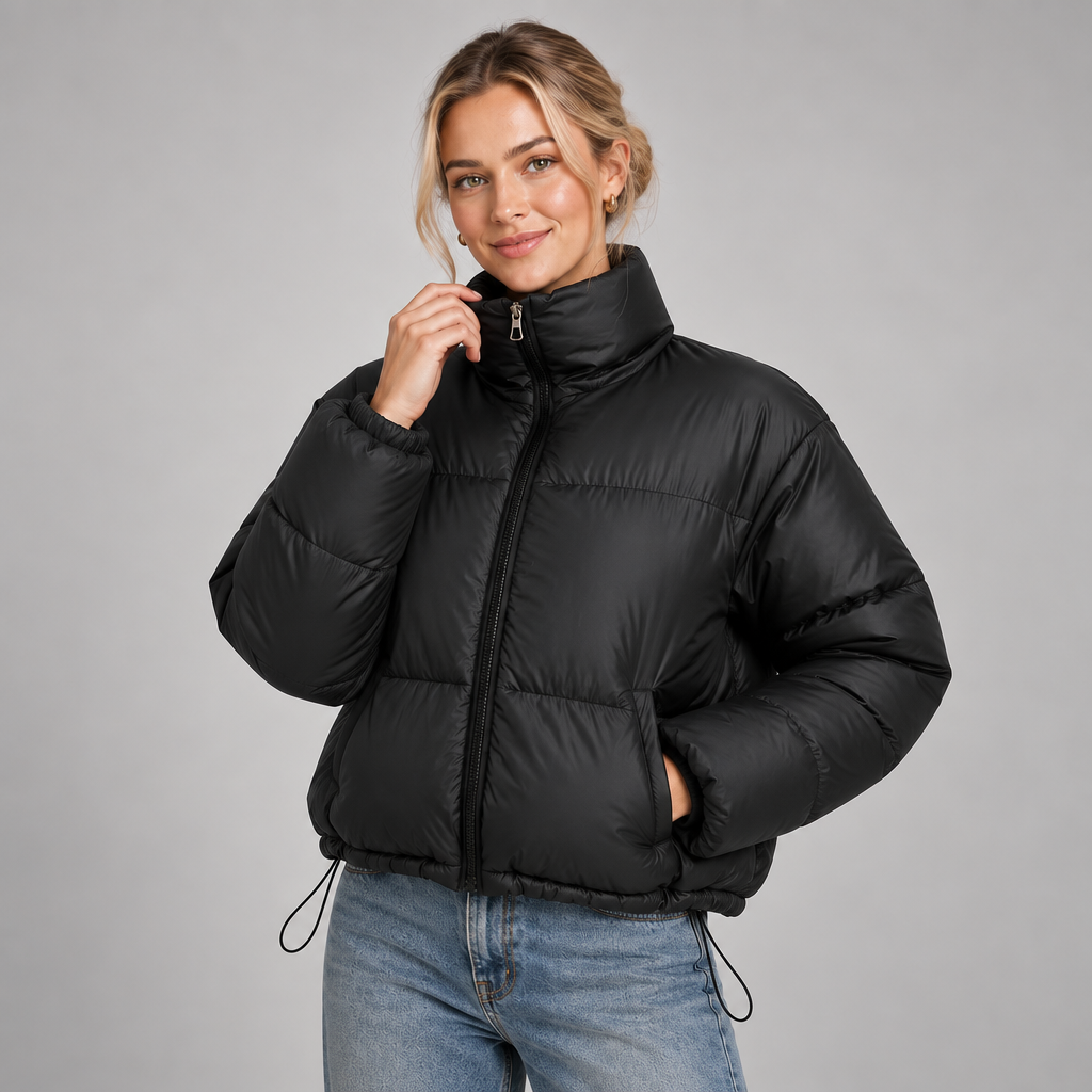 Cropped Puffer Jacket Women High Neck Oversized Drawcord Hem 1
