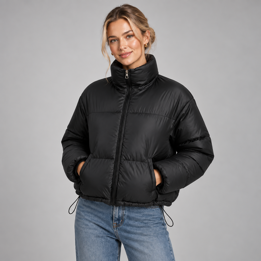 Cropped Puffer Jacket Women High Neck Oversized Drawcord Hem 2