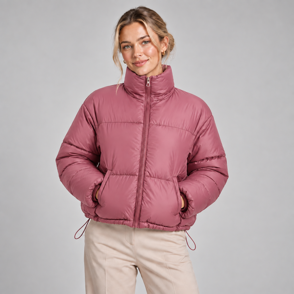 Cropped Puffer Jacket Women High Neck Oversized Drawcord Hem 4