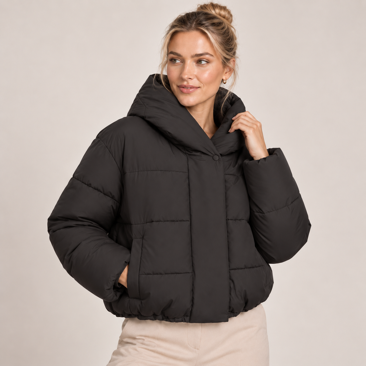 Cropped Puffer Jacket Women Hooded Lightweight Padded Elastic Hem 2
